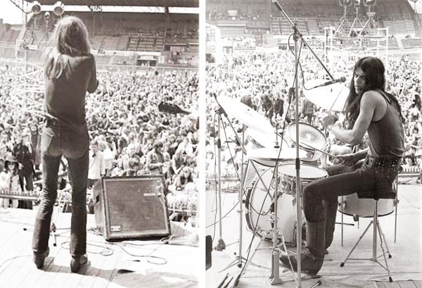 1972, 22 mei. Amsterdam, het Olympisch Stadion. Huib en ik op mijn mooie Royal Drumstel, van Hollandse makelij. (Foto Molly Mackenzie)